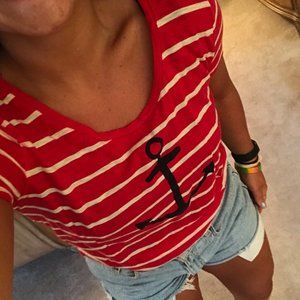 J. Crew Red White Striped Nautical Anchor T Shirt